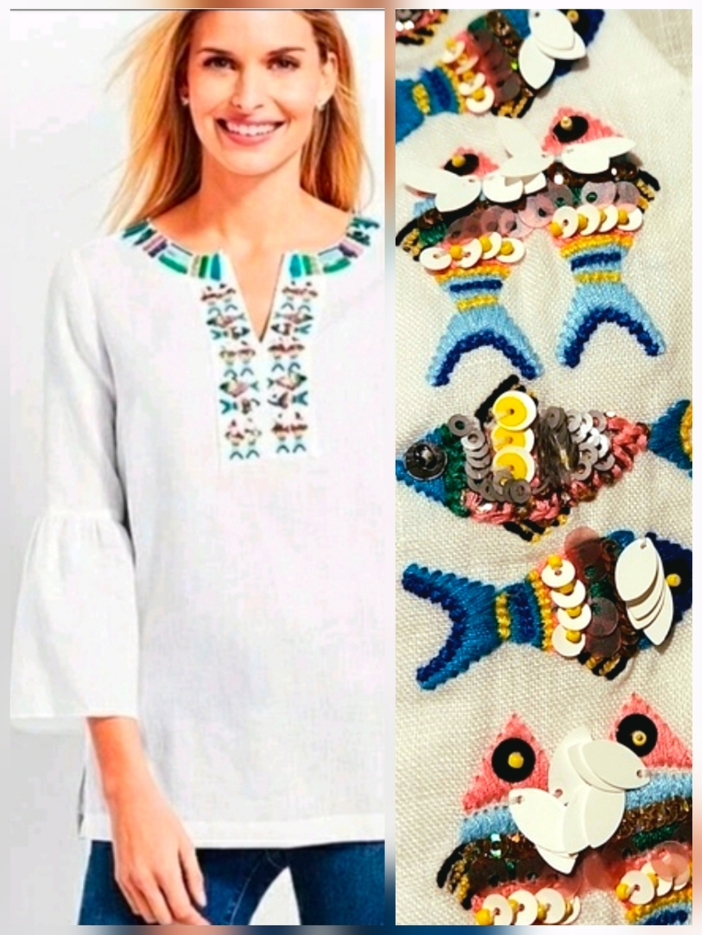 ❤️ TALBOTS LINEN EMBROIDERED SEQUIN FISH TUNIC TOP, XL